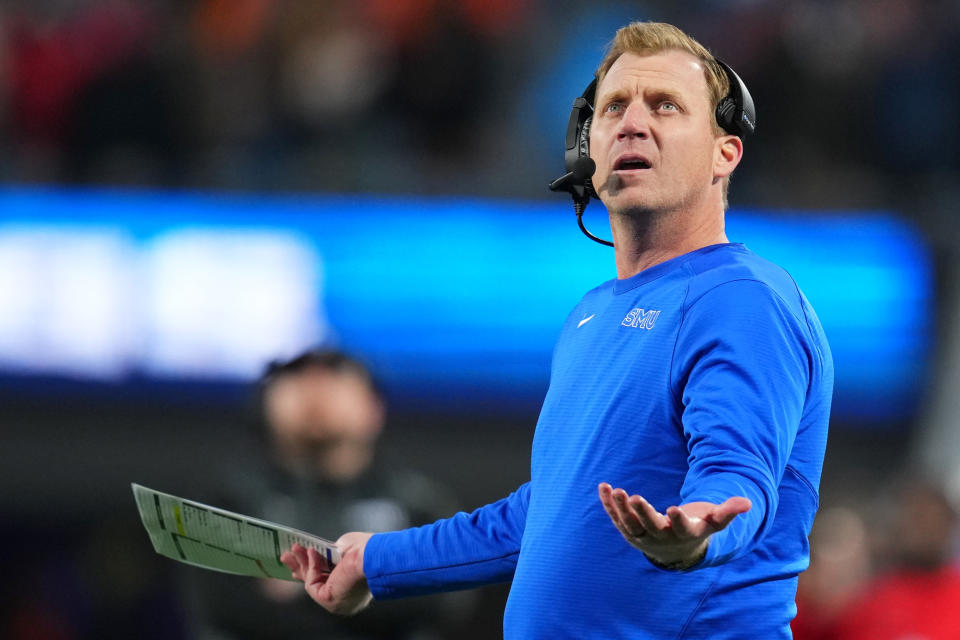 Will Rhett Lashlee and SMU fall out of the College Football Playoff field after their loss to Clemson on Saturday? (Grant Halverson/Getty Images)