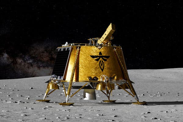 A computer-generated illustration of a squat lunar lander on the moon’s surface.