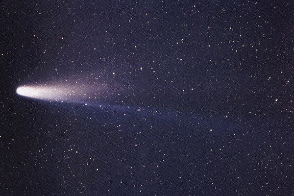 A comet and its trail streak across a starry sky.