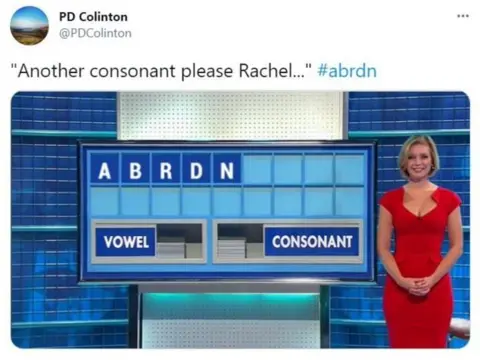 PD Colinton A mock-up of the word game in Countdown, with the letters 'ABRDN' in the background, with text reading 'Another consonant please Rachel..."