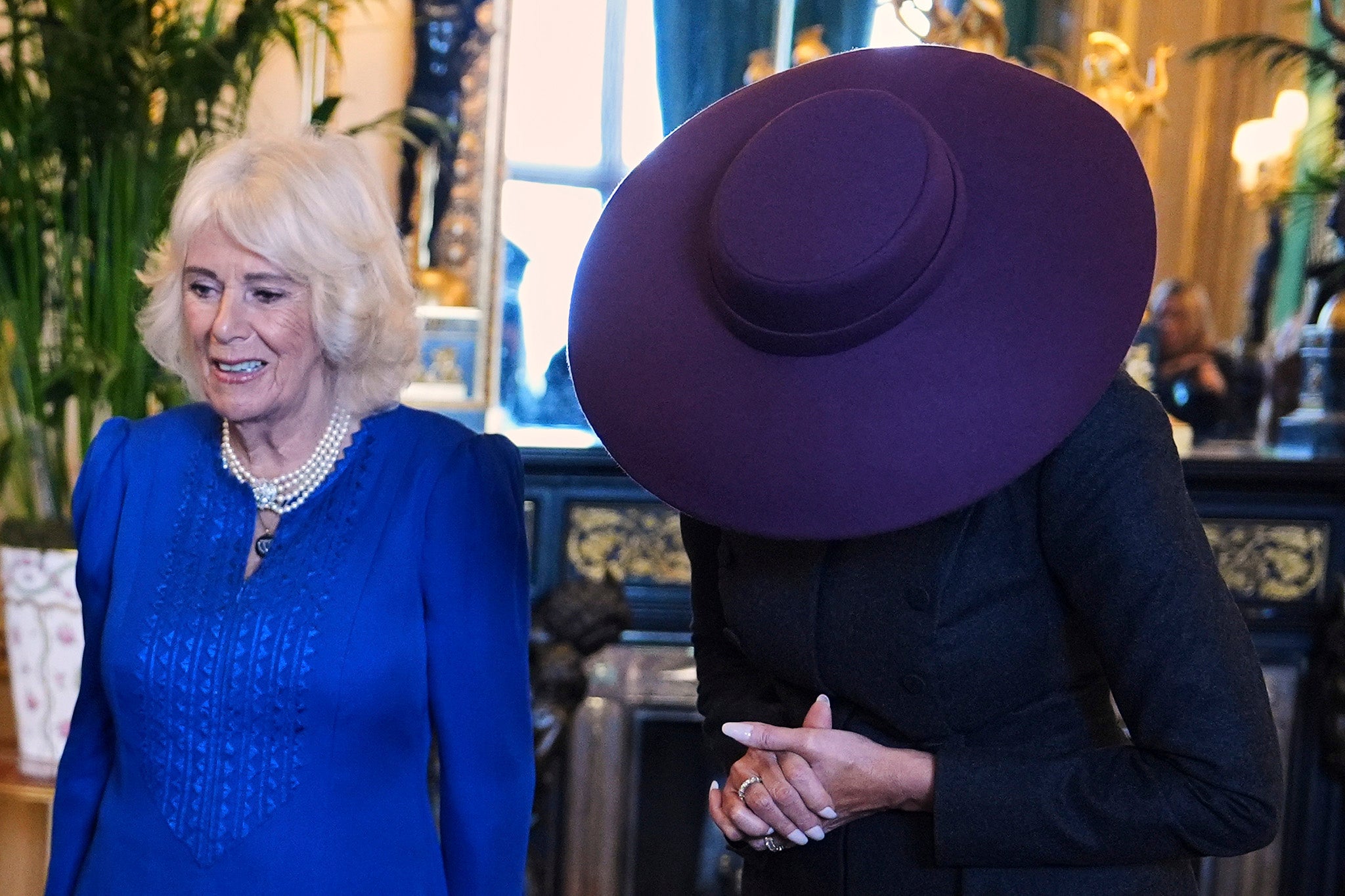 Melania’s hat kept her face hidden from view during parts of her outing with the King and Queen earlier in the day