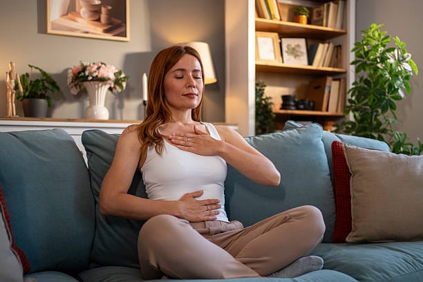Diaphragmatic Breathing: Sit comfortably with your knees bent. Place one hand on your chest. Place the other hand on your abdomen. Inhale deeply through your nose. This allows your belly to expand. Follow through, and slowly exhale through your mouth. You will feel your abdominal area relax. Repeat this several times.