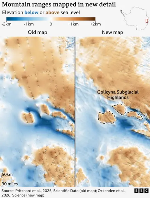 Side-by-side maps comparing an older and a newer map of  a zoomed area in East Antarctica’s elevation beneath the ice. Both maps use blue to show areas below sea level and brown to show areas above sea level. The newer map shows much finer detail, clearly revealing features such as the Golicyna Subglacial Highlands that are more difficult to distinguish on the older map.