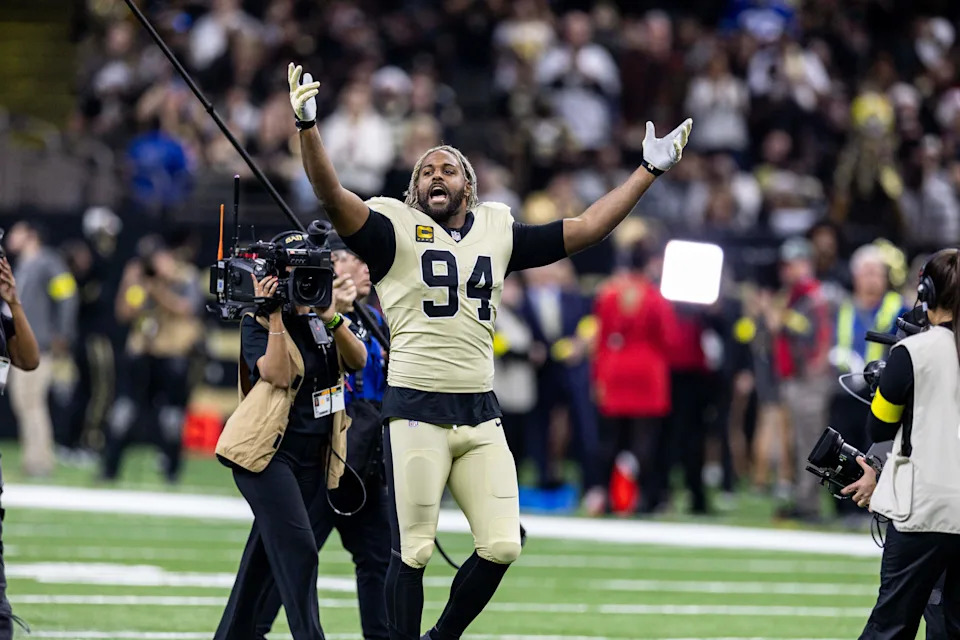 Dec 21, 2025; New Orleans, Louisiana, USA; New Orleans Saints defensive end Cameron Jordan (94) during the run outs before the game against the New York Jets at Caesars Superdome. Mandatory Credit: Stephen Lew-Imagn Images